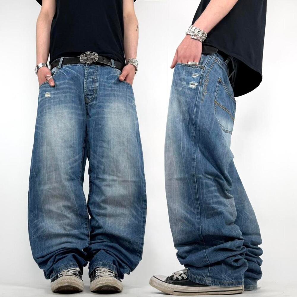 Vintage y2k embroidered grunge baggy wide leg faded archive jeans